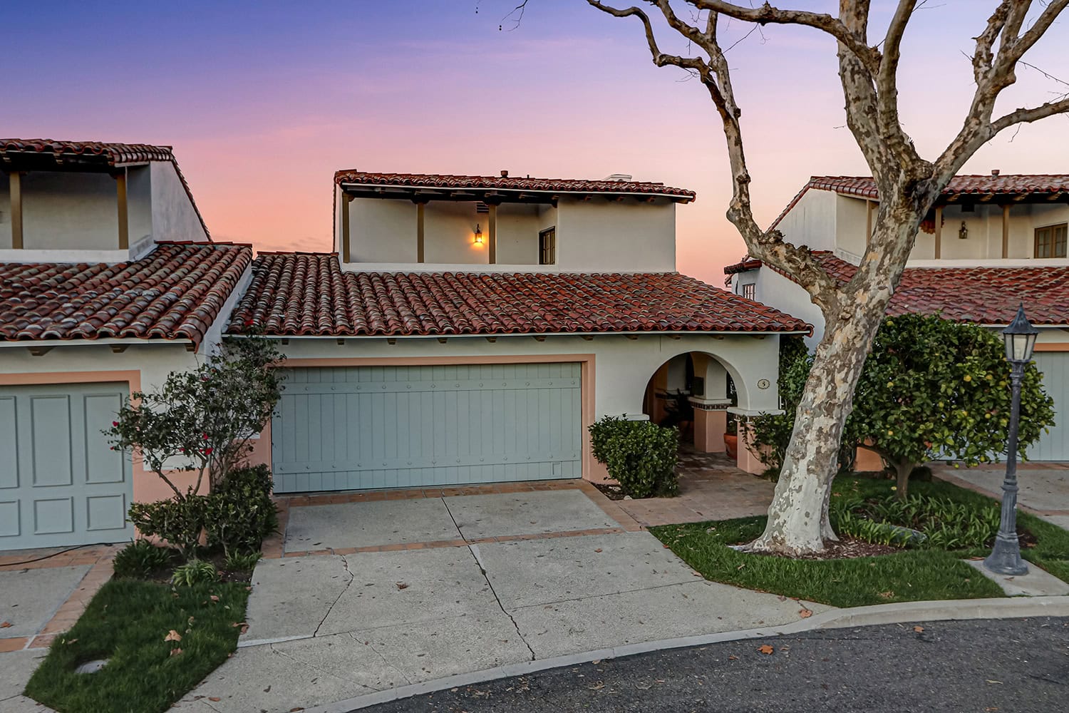 Front exterior at dusk of 5 Via La Cima, Rancho Palos Verdes, a three bedroom view home sold February 2026