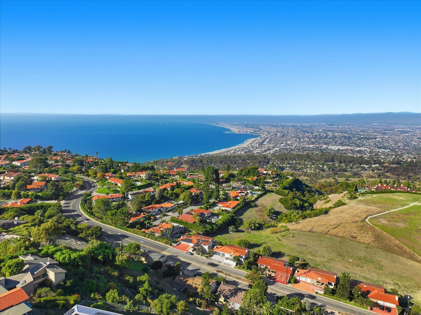 Aerial view of 6045 Montemalaga Drive, Rancho Palos Verdes, a four bedroom house on the north side of the Peninsula, sold February 2026
