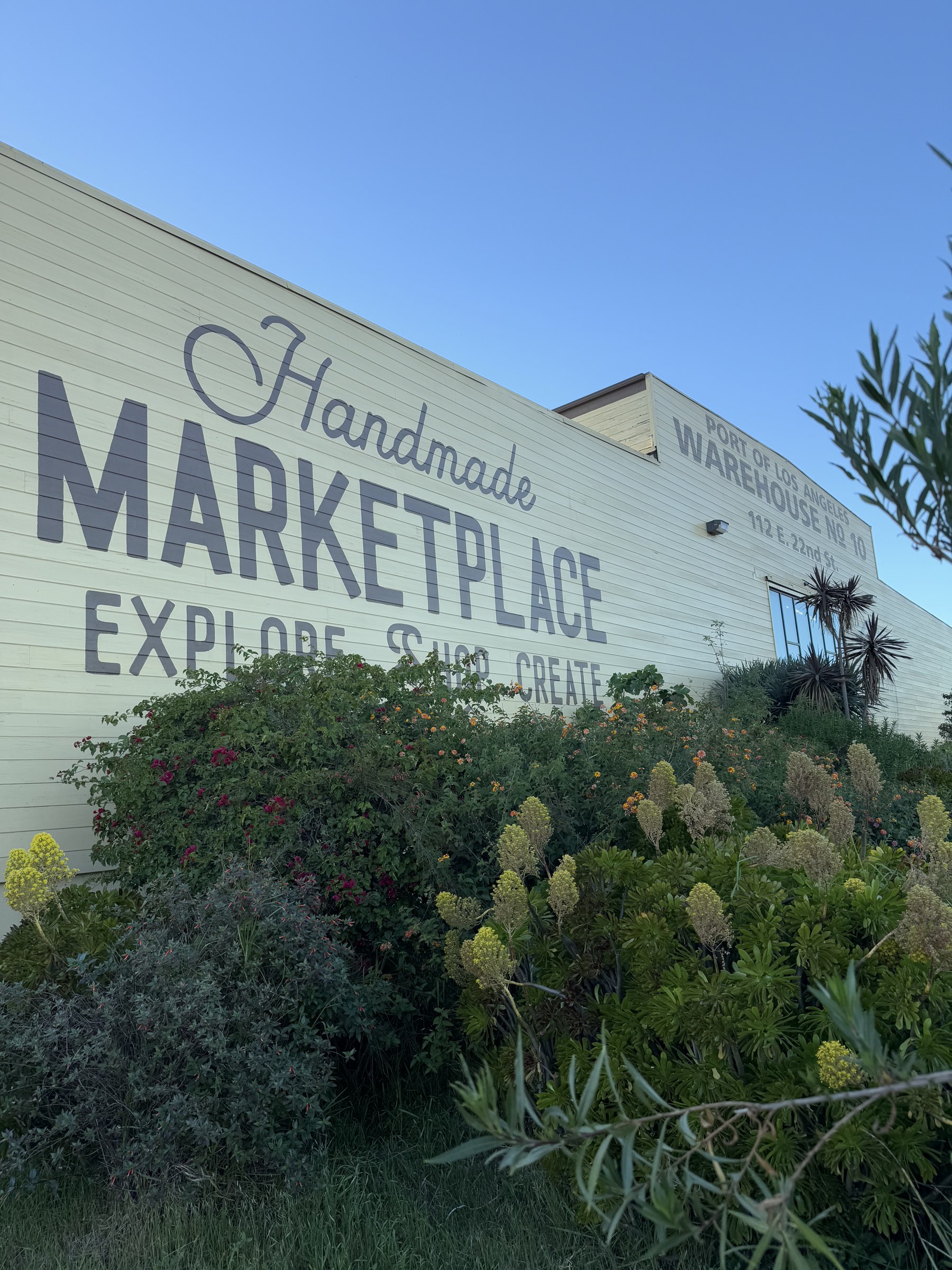 Painted signage on Warehouse No. 10 at the Port of Los Angeles reading Handmade Marketplace, San Pedro