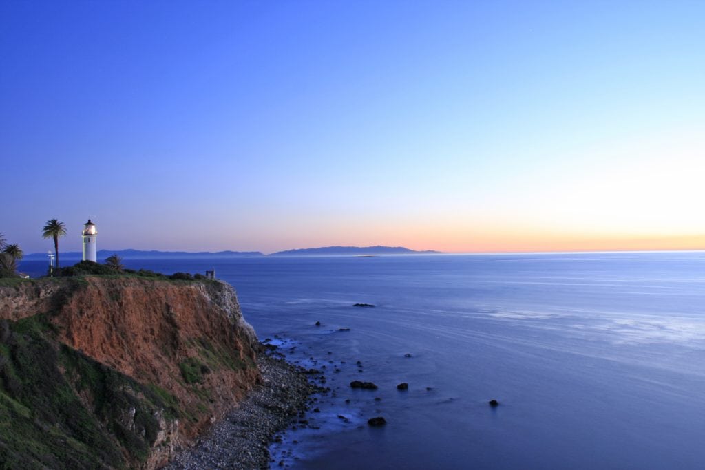 The Point Vicente lighthouse in Rancho Palos Verdes looking out toward Catalina Island