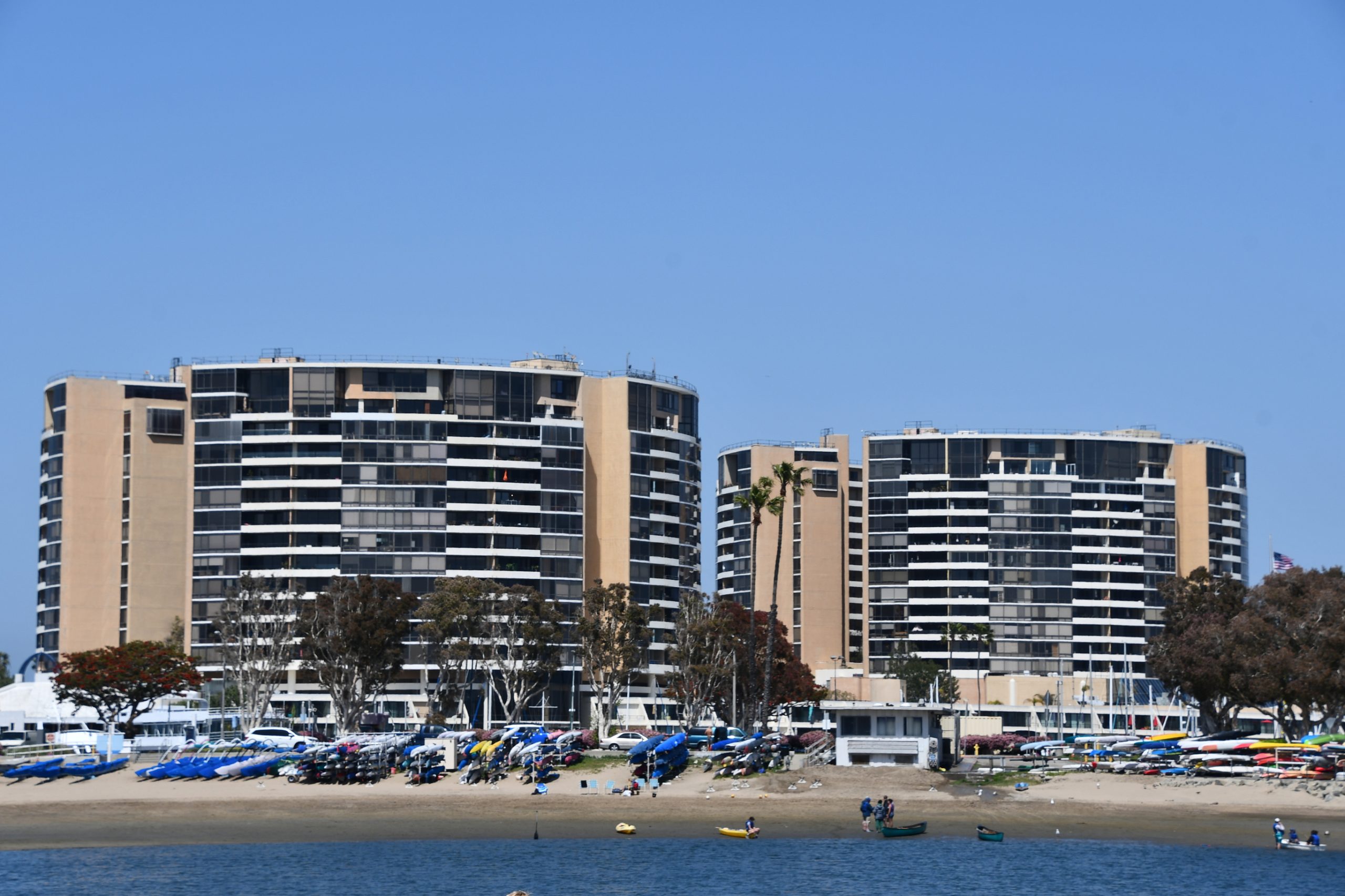 Condominium towers in Marina del Rey overlooking the outrigger canoe club and the main channel