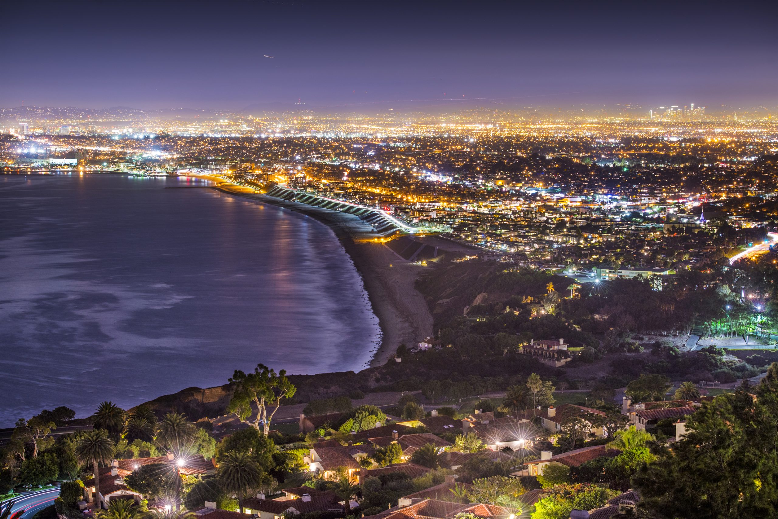 The Queen's Necklace, the curve of Santa Monica Bay lights seen at night from the Palos Verdes Peninsula