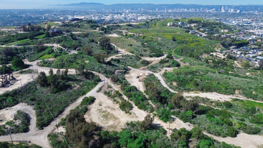 Open space ridges above La Cienega Boulevard with residential streets running toward Culver City and downtown Los Angeles