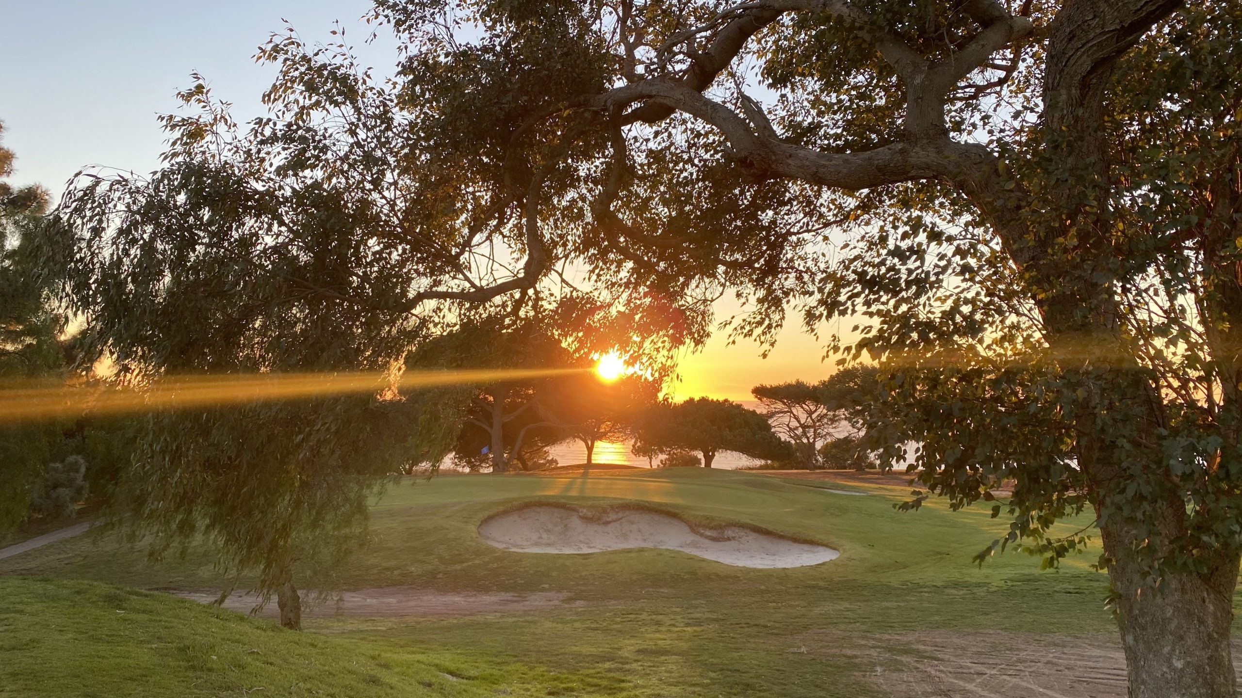 Golf course fairway and bunker framed by oaks at sunset on the Palos Verdes Peninsula