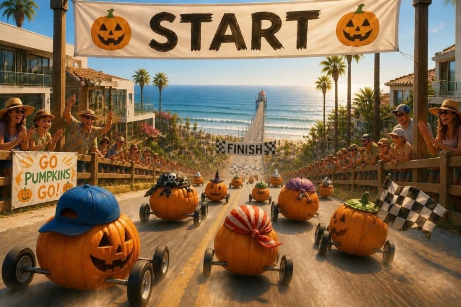 Illustration of the Manhattan Beach Pumpkin Race: jack-o-lantern pumpkins on wheels racing downhill from a START banner toward a FINISH line, with crowds cheering along the railings and the Manhattan Beach Pier and Roundhouse on the ocean beyond