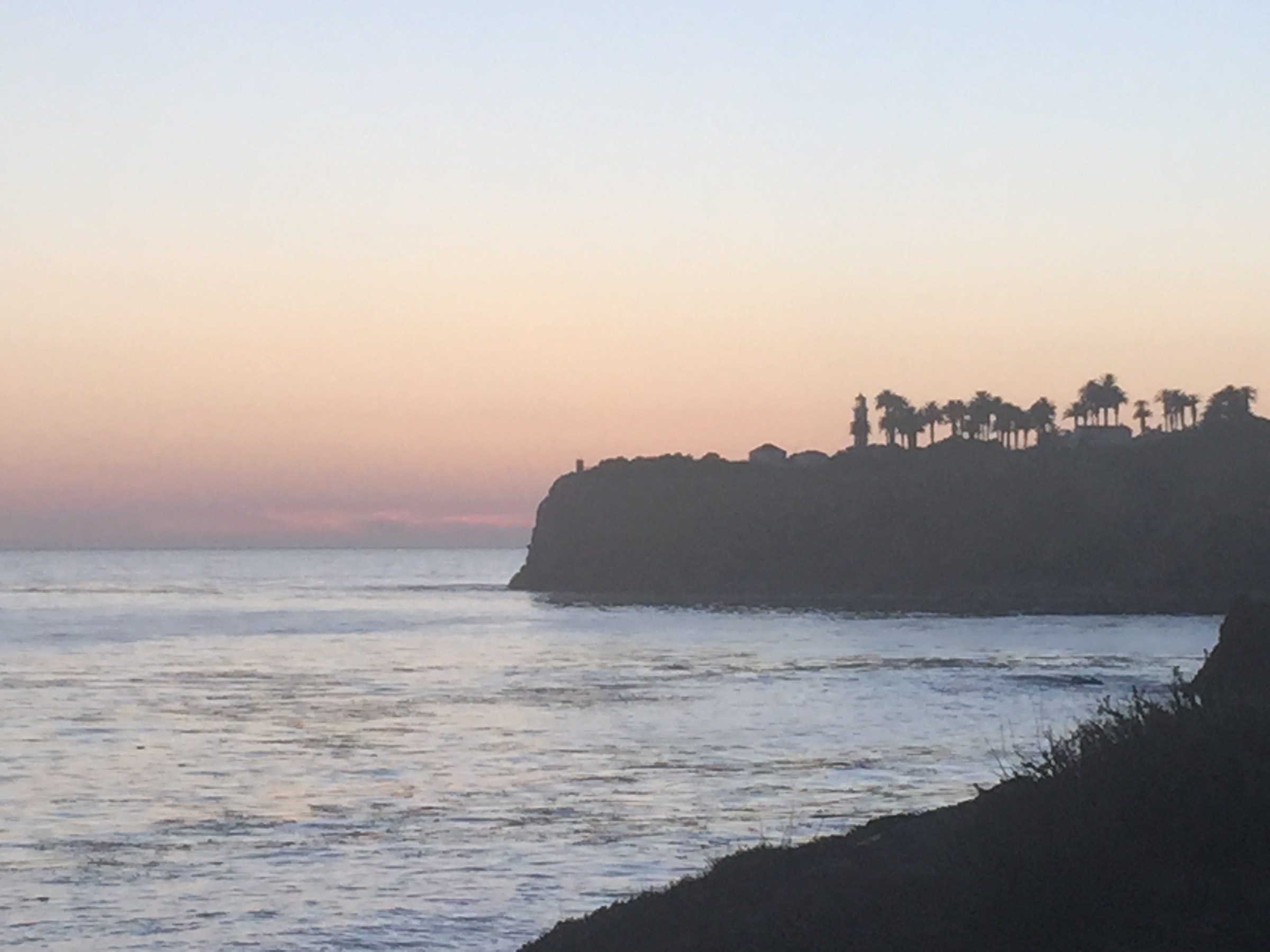 Point Vicente Lighthouse and bluff-top palms in silhouette at dusk, Rancho Palos Verdes