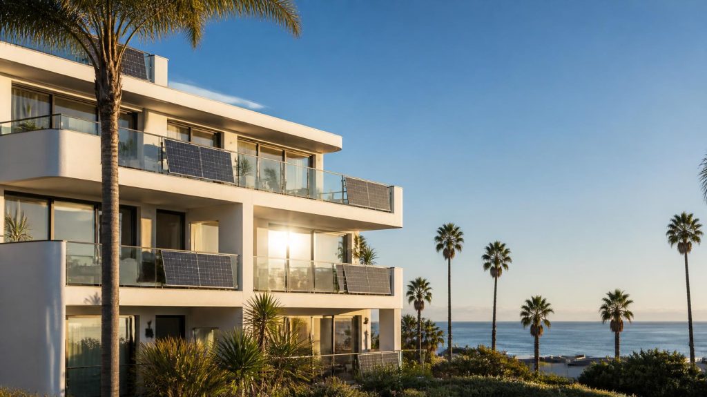 AI-generated image of a white three-story coastal condominium with dark solar panels mounted on its glass balcony railings, palm trees in front and the ocean behind.