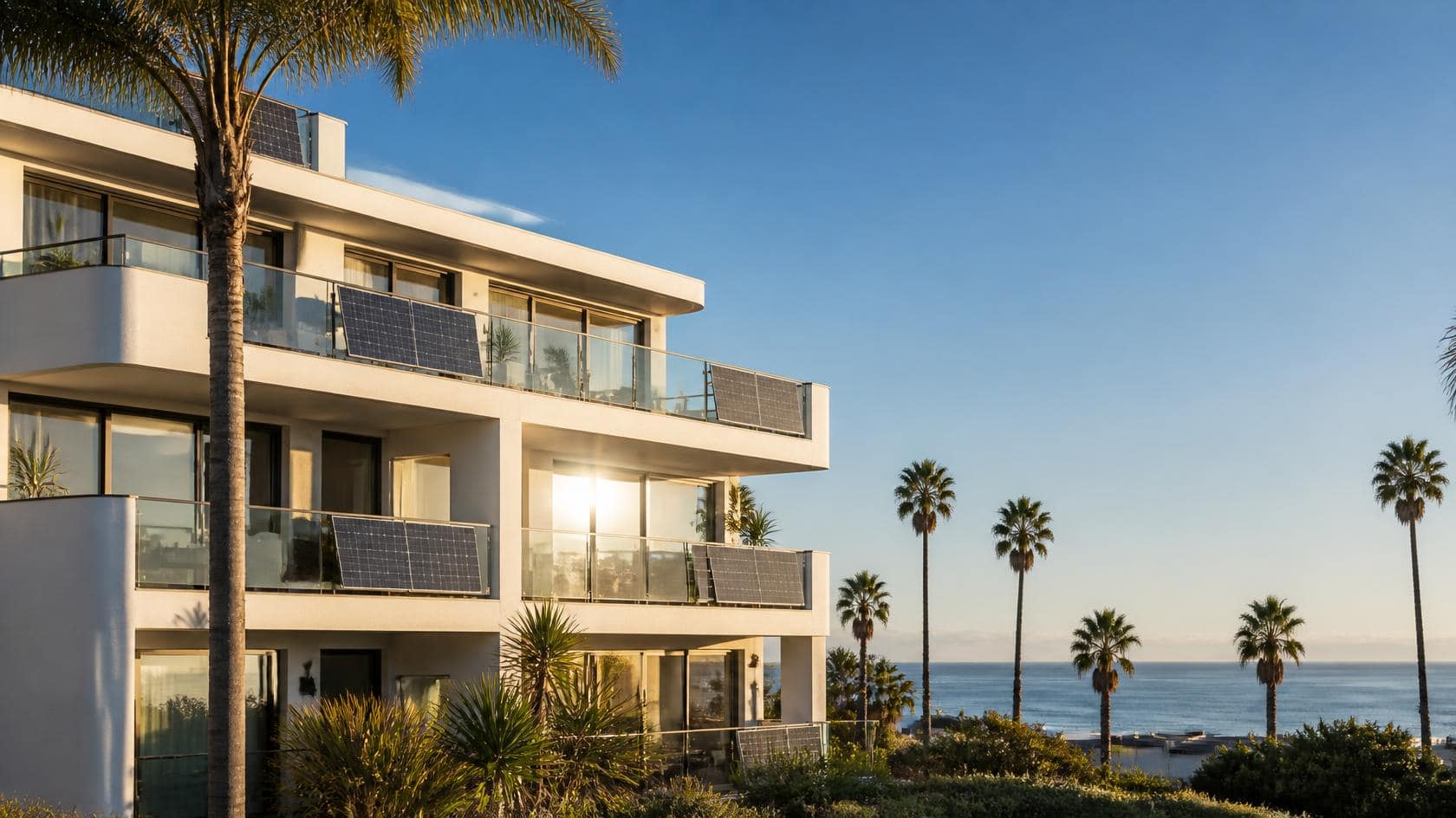 AI-generated image of a white three-story coastal condominium with dark solar panels mounted on its glass balcony railings, palm trees in front and the ocean behind.