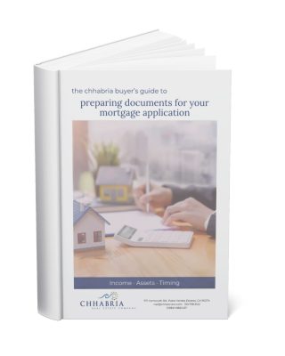 Standing book mockup of Preparing Documents for Your Mortgage Application, the Chhabria buyer guide, with a navy band reading Income, Assets, Timing.