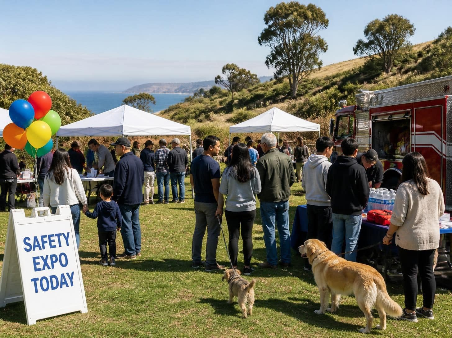 Illustration of an outdoor community safety expo on a grassy coastal hillside. A white A-frame sandwich board at the left reads SAFETY EXPO TODAY in blue capitals, with a cluster of blue, red, orange, yellow and green balloons tied above it. People of varied ages and backgrounds stand in small groups, nearly all seen from behind: a small child in a hooded top holding an adult's hand, teenagers in hoodies at a table of stacked water bottles and red emergency kits, and a woman holding a golden retriever on a leash beside a small terrier. Two white canopy tents, a red fire engine with its compartments open, eucalyptus, dry grassy slopes and the ocean beyond.