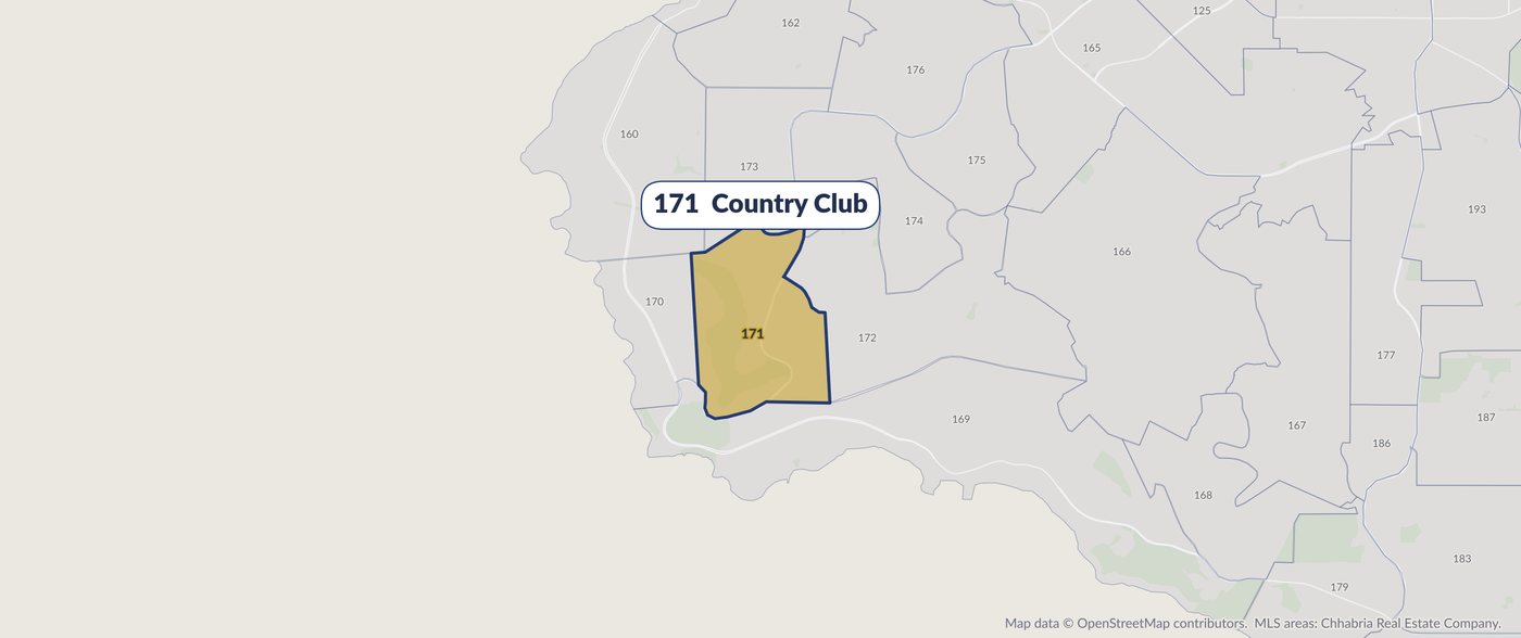 Map of MLS area 171, Country Club, highlighted in gold among the surrounding South Bay MLS areas.