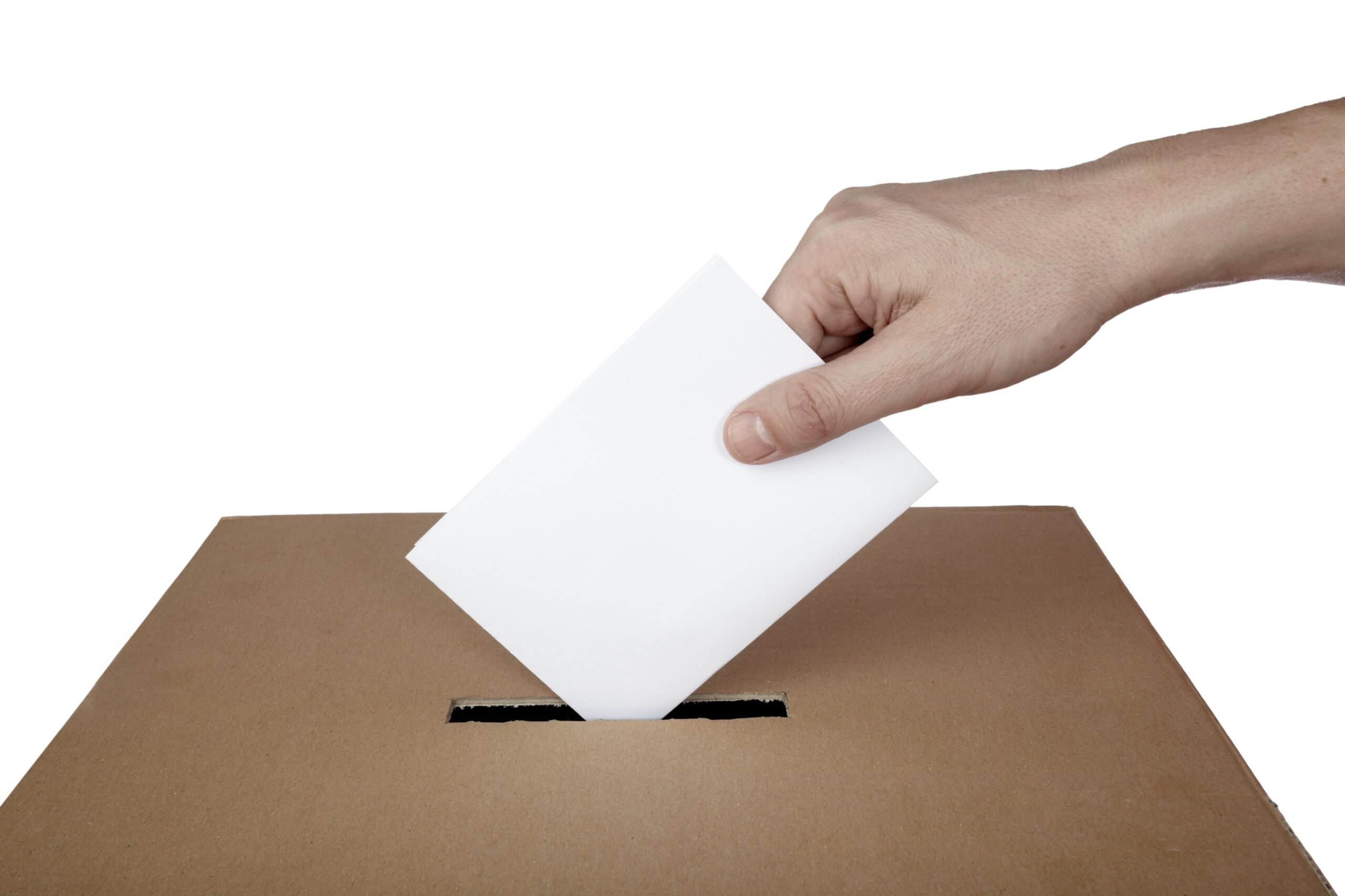 A hand holding a white envelope above the slot of a cardboard ballot box, on a white background.