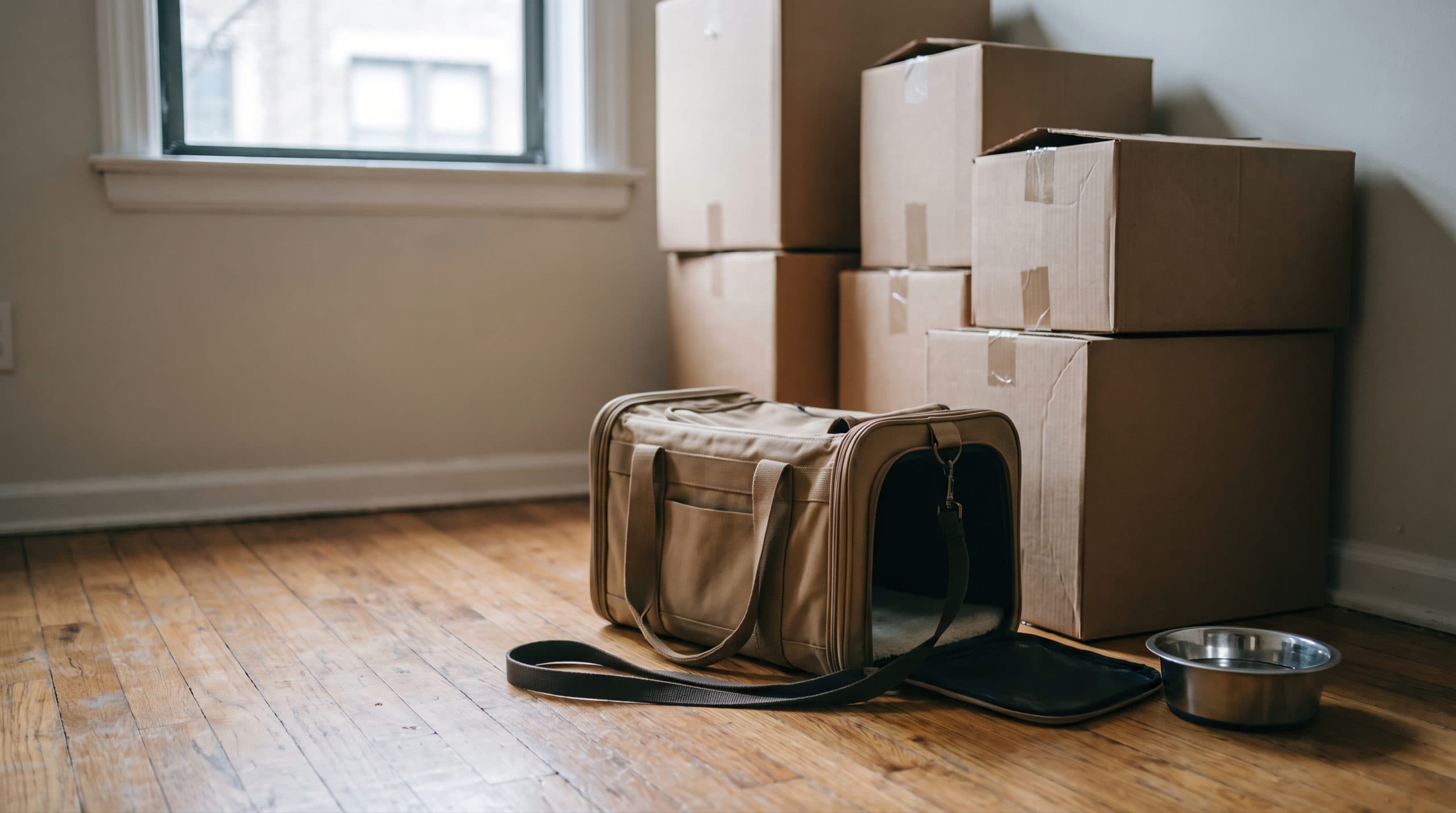 An open soft-sided pet carrier and a stainless steel pet bowl on a bare wood floor, beside stacked cardboard moving boxes in an unfurnished room