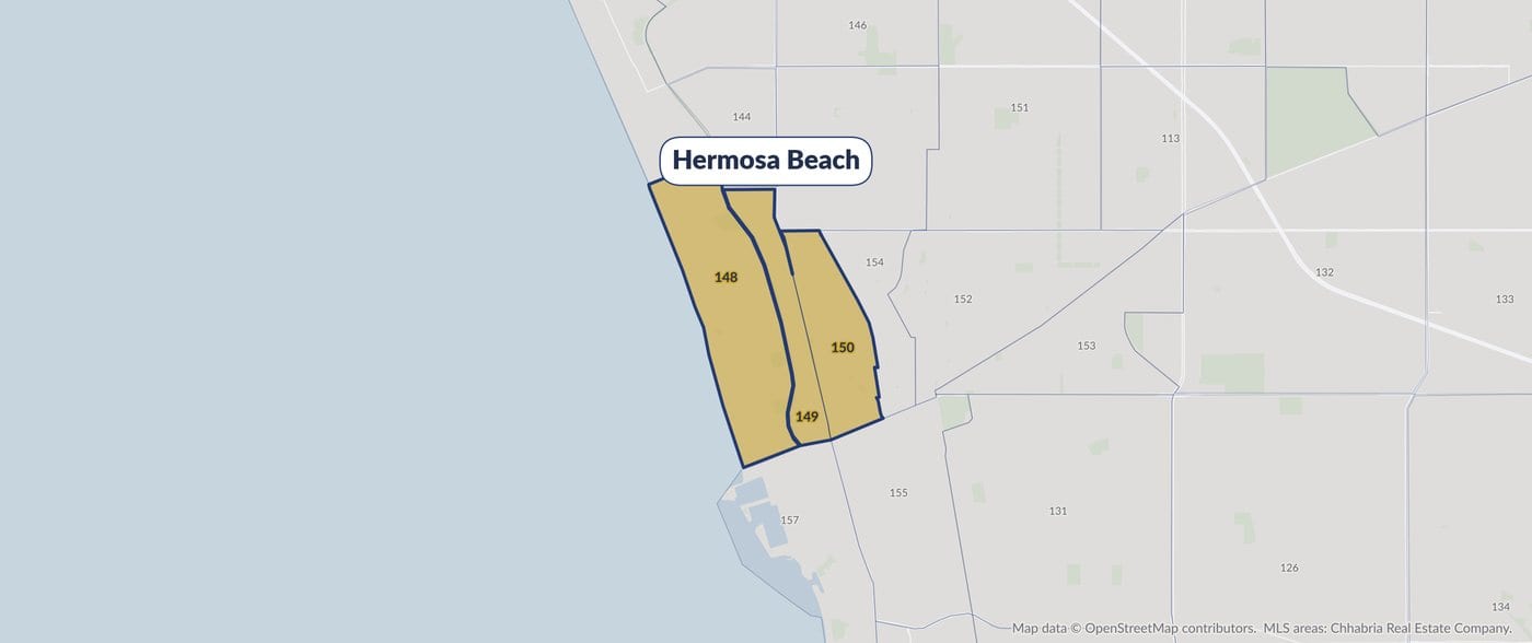 Map of Hermosa Beach on the South Bay MLS area map, with MLS areas 148 through 150 highlighted in gold.