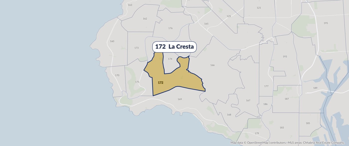 Map of MLS area 172, La Cresta in Rancho Palos Verdes, highlighted in gold among the surrounding Palos Verdes Peninsula MLS areas.