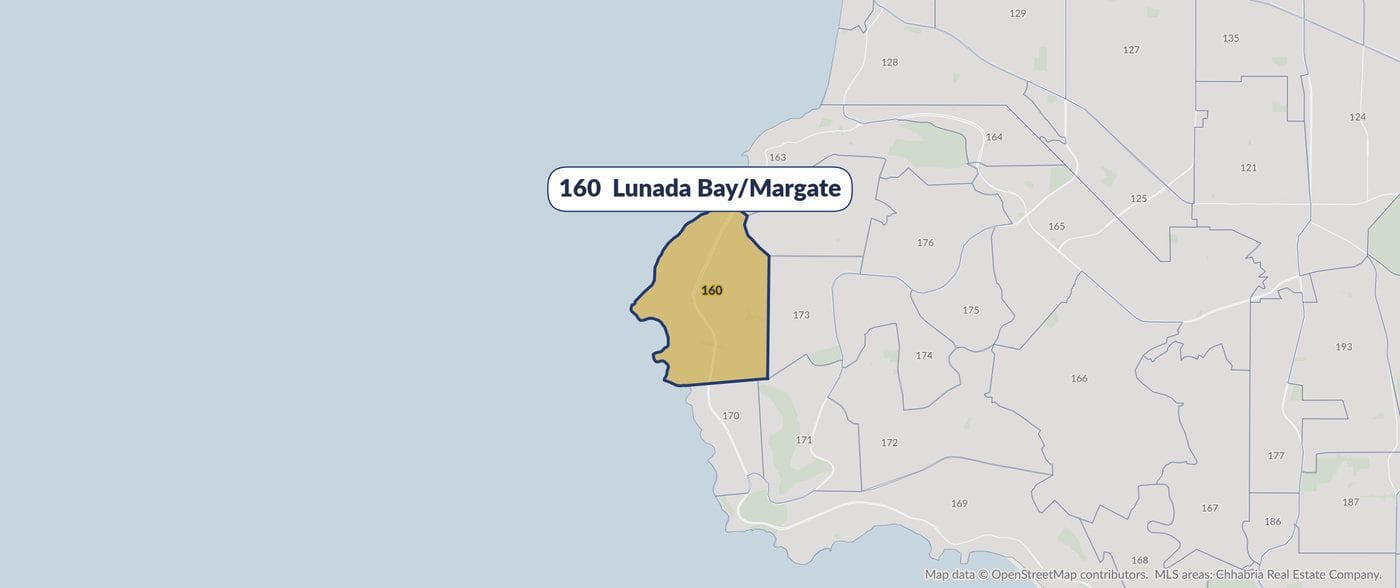 Map of MLS area 160, Lunada Bay/Margate, highlighted in gold among the surrounding South Bay MLS areas.