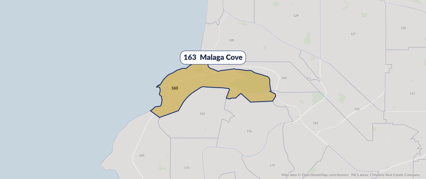 Map of MLS area 163, Malaga Cove, highlighted in gold among the surrounding South Bay MLS areas.