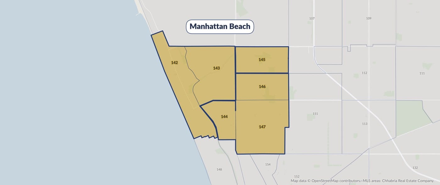 Map of Manhattan Beach on the South Bay MLS area map, with MLS areas 142 through 147 highlighted in gold.