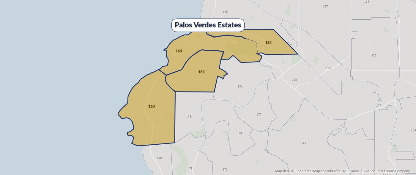 Map of Palos Verdes Estates on the South Bay MLS area map, with MLS areas 160, 162, 163 and 164 highlighted in gold.