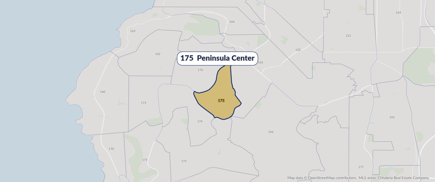 Map of MLS area 175, Peninsula Center, highlighted in gold among the surrounding South Bay MLS areas.