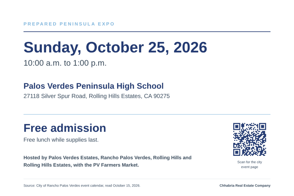 Event card reading Prepared Peninsula Expo, Sunday, October 25, 2026, 10:00 a.m. to 1:00 p.m. at Palos Verdes Peninsula High School, 27118 Silver Spur Road, Rolling Hills Estates, with free admission, free lunch while supplies last, the host cities named, and a QR code linking to the Rancho Palos Verdes event page.