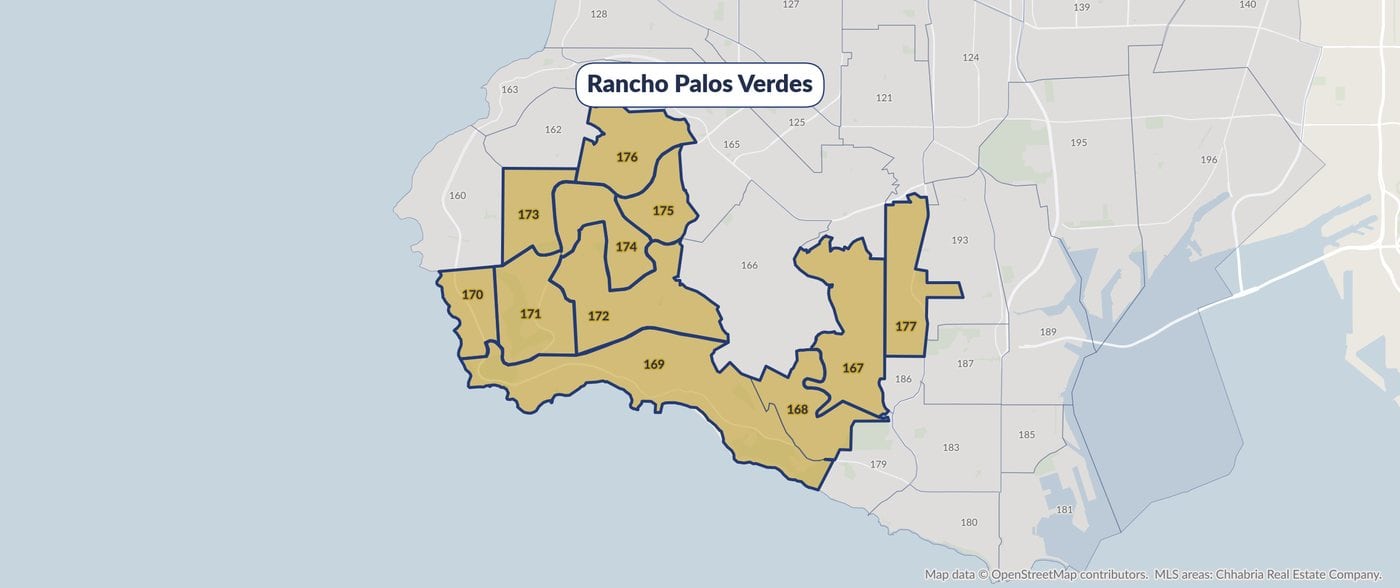 Map of Rancho Palos Verdes on the South Bay MLS area map, with MLS areas 167 through 177 highlighted in gold.