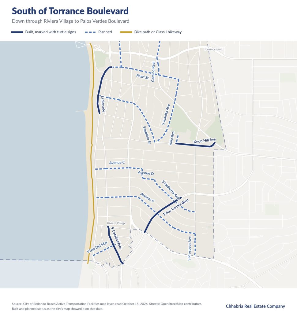Map of south Redondo Beach from Torrance Boulevard to Palos Verdes Boulevard showing built Local Travel Network routes on Esplanade, Knob Hill Avenue, Palos Verdes Boulevard and South Catalina Avenue, and planned routes on the lettered avenues, Pearl Street and South Helberta Avenue