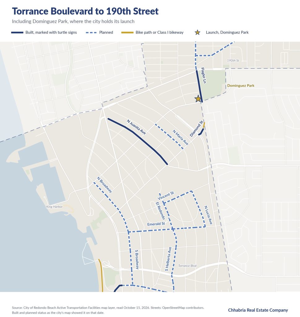 Map of central Redondo Beach between Torrance Boulevard and 190th Street showing built Local Travel Network routes on Flagler Lane, North Juanita Avenue and Diamond Street, planned routes on North Broadway, Emerald Street and others, and Dominguez Park
