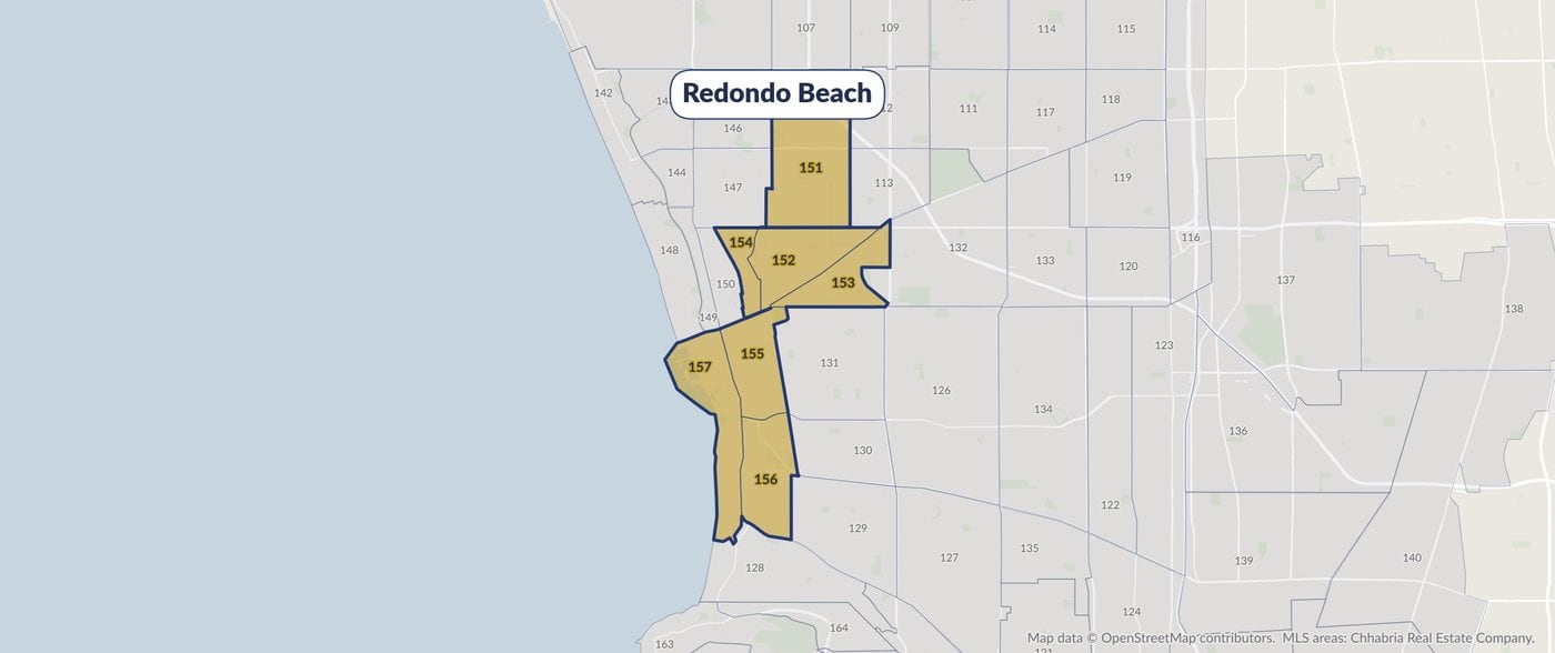 Map of Redondo Beach on the South Bay MLS area map, with MLS areas 151 through 157 highlighted in gold.