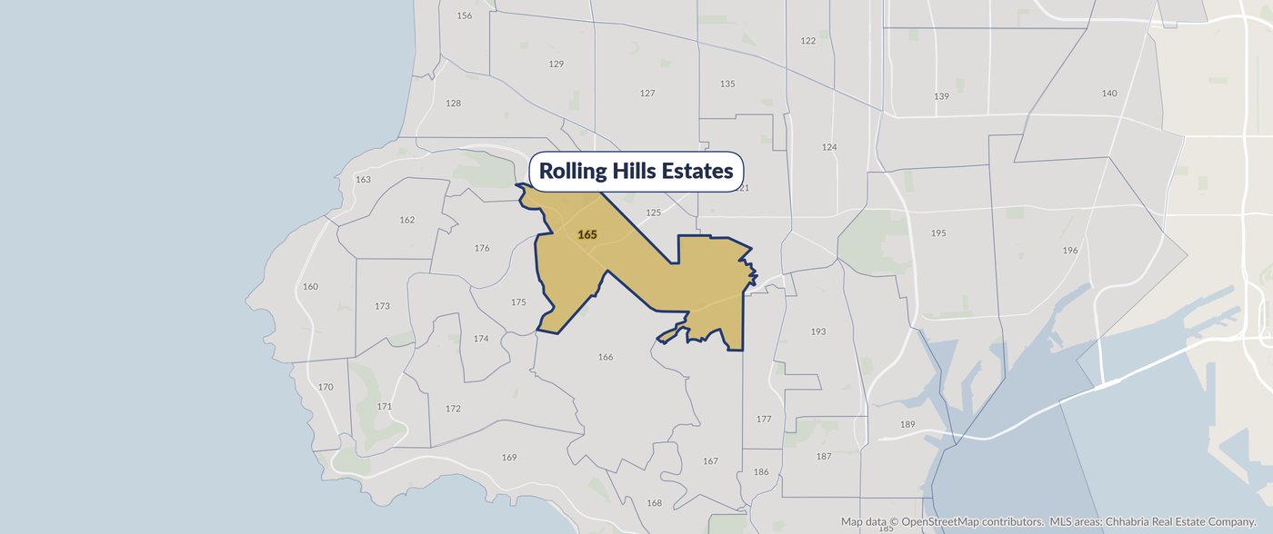 Map of MLS area 165, Palos Verdes Drive North, highlighted in gold among the surrounding Palos Verdes Peninsula MLS areas.