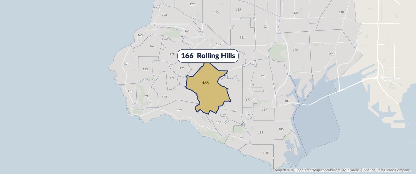 Map of MLS area 166, Rolling Hills, highlighted in gold among the surrounding South Bay MLS areas.