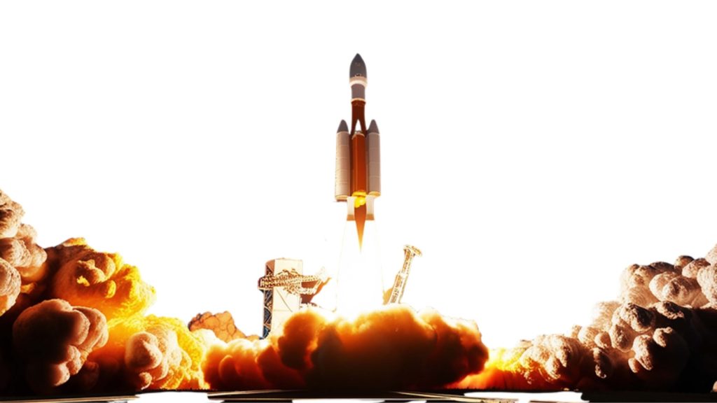 A rocket lifting off above billowing orange and white exhaust clouds, against a white background.
