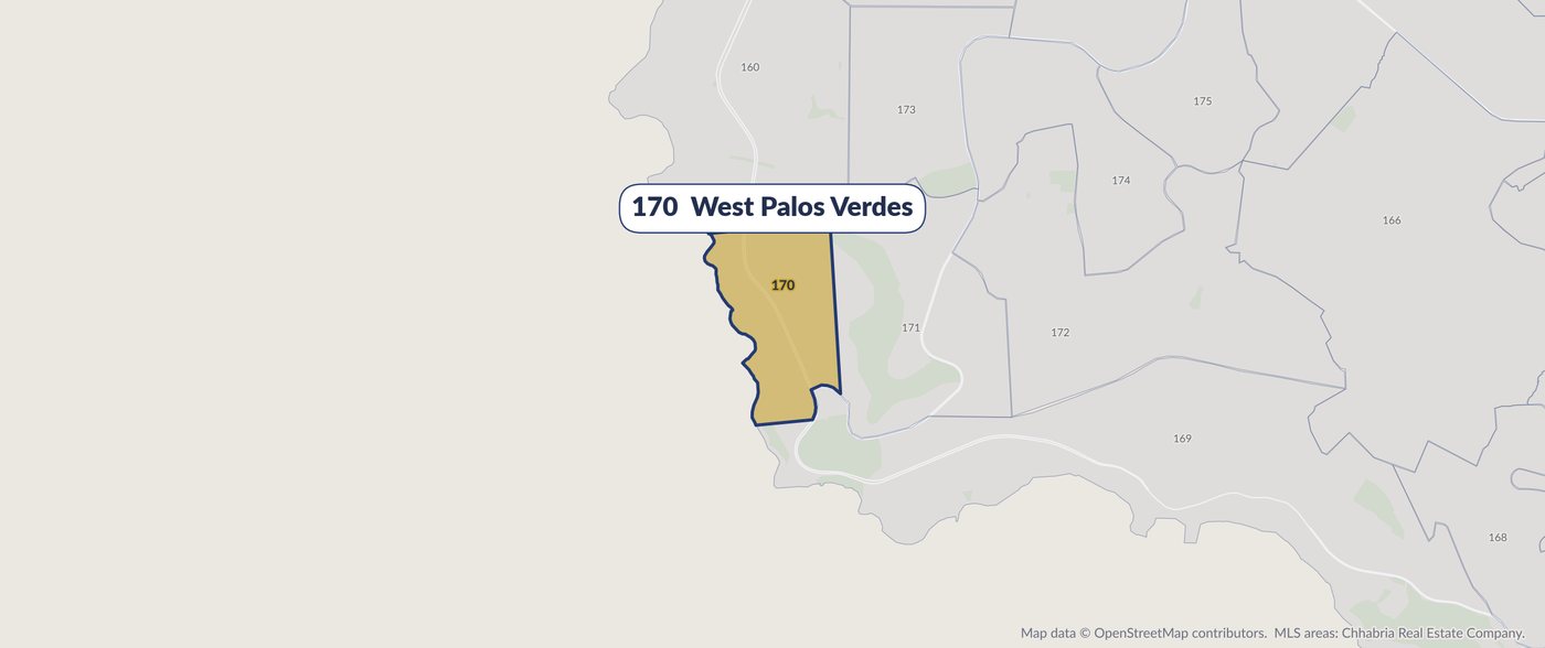 Map of MLS area 170, West Palos Verdes, highlighted in gold among the surrounding South Bay MLS areas.